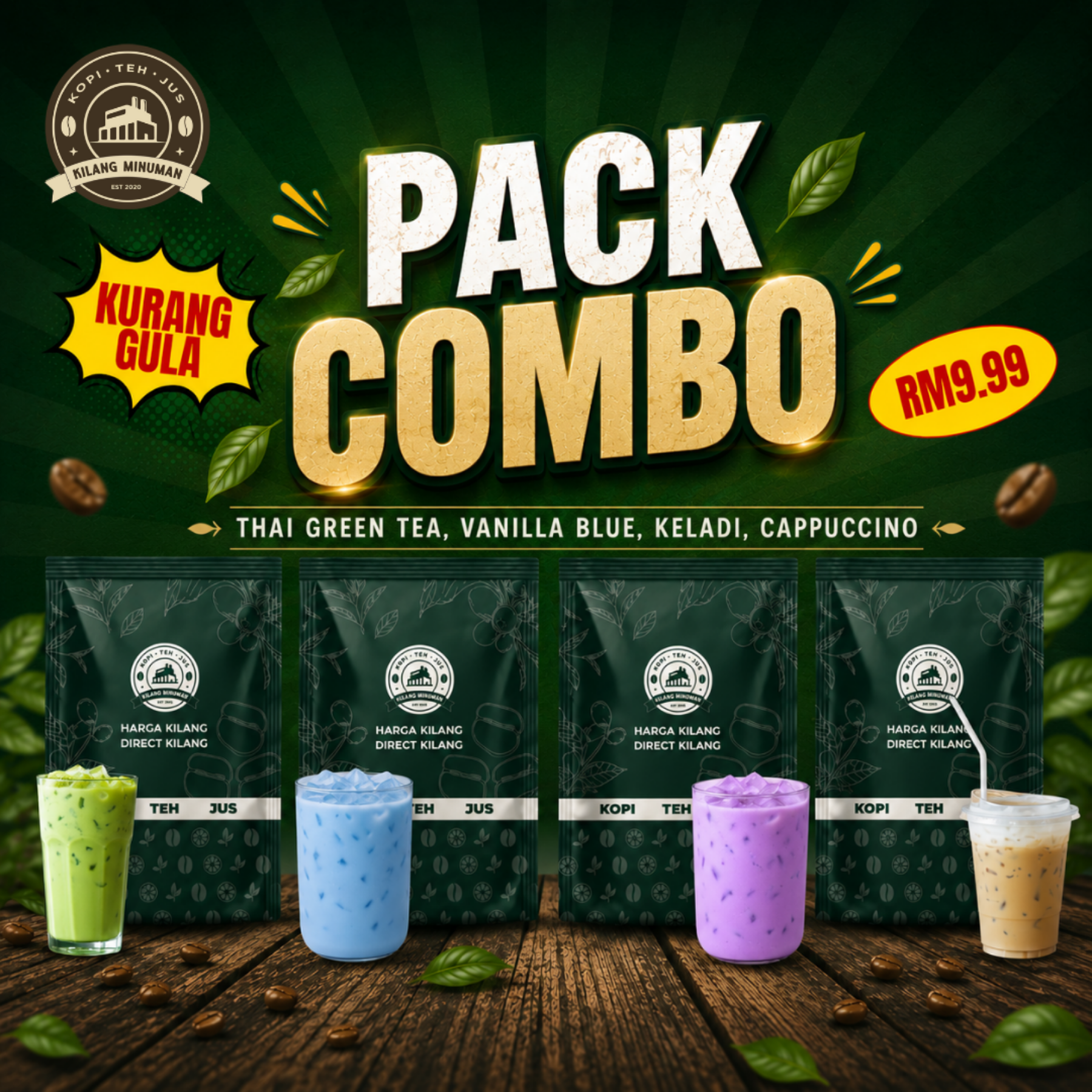 COMBO PACK 100g x 4 perisa ( 100g KELADI , 100g VANILLA BLUE , 100g CAPPUCINO , 100g THAI GREEN TEA )