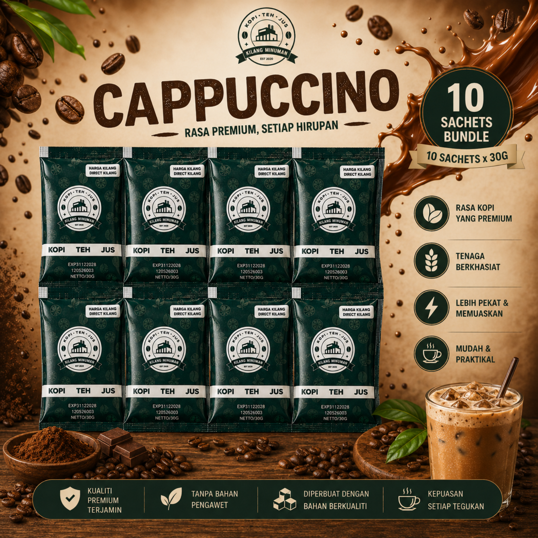 10 SACHET BUNDLE KOPI CAPPUCCINO DIRECT KILANG Coffee Minuman ( LOW SUGAR )