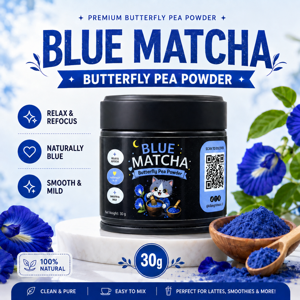 30g BLUE MATCHA [BUTTERFLY PEA POWDER]